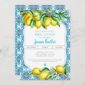 Blue Mediterranean Tile Lemon Bridal Shower Einladung (Vorne/Hinten)