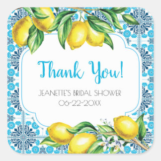Blue Mediterranean Tile Lemon Bridal Thank You Quadratischer Aufkleber