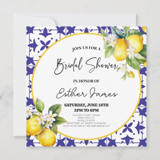 Blue Mediterranean Tile Lemon Floral Bridal Shower Einladung (Vorderseite)