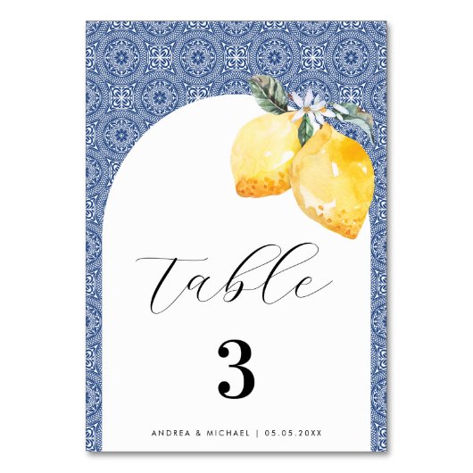 Blue Mediterranean Tile Spanish Italian Wedding Tischnummer (Rückseite)