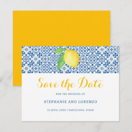 Blue Mediterranean Tile Watercolor Lemon Wedding Save The Date