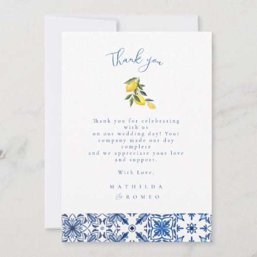 Blue Mediterranean Tile Wedding Dankeschön Karte (Rückseite)