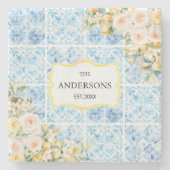 Blue Mediterranean Tiles Flower Lemon Family Name Steinuntersetzer (Vorderseite)