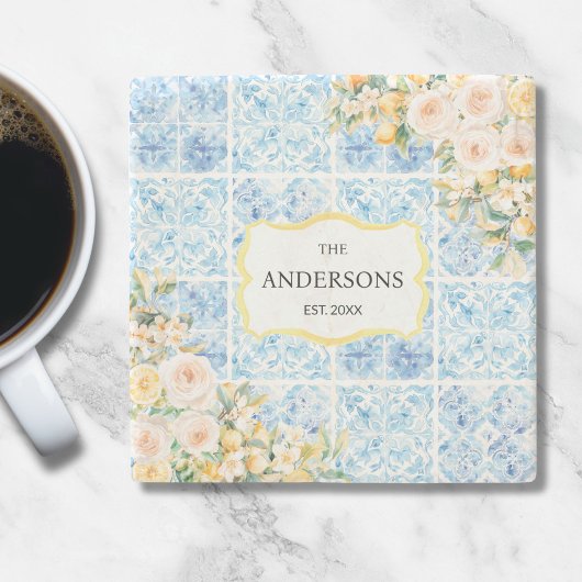 Blue Mediterranean Tiles Flower Lemon Family Name Steinuntersetzer