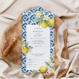 Blue Mediterranean Tiles Italian Lemon Wedding All In One Einladung