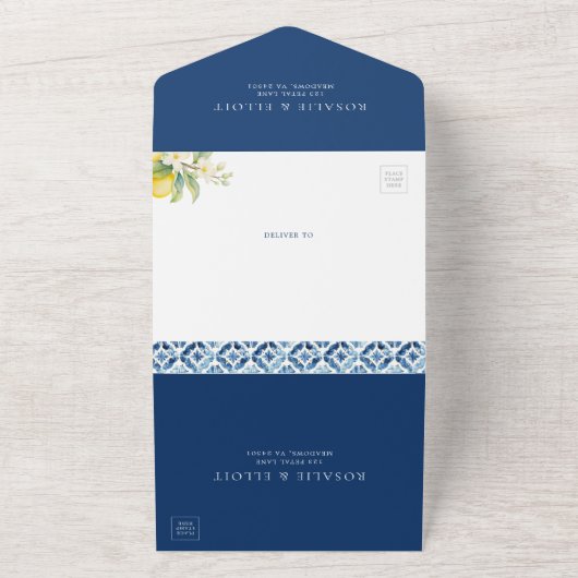 Blue Mediterranean Tiles Italian Lemon Wedding All In One Einladung (Außenbereich)