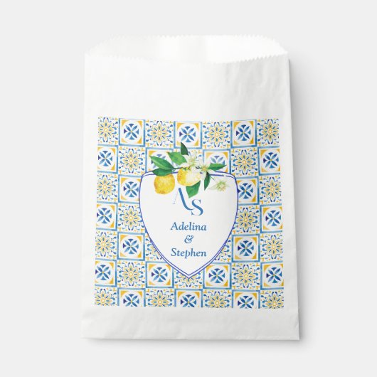 Blue Mediterranean Tiles Italy Wappen Lemon Weddin Geschenktütchen (Vorderseite)