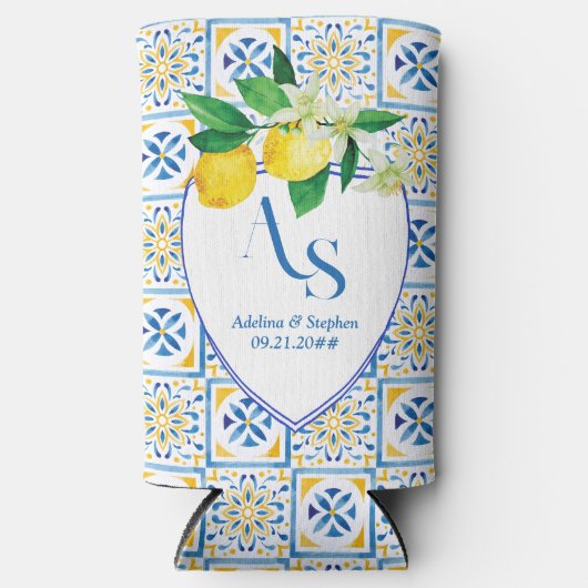 Blue Mediterranean Tiles Italy Wappen Lemon Weddin Selters Dosenkühler (Vorderseite)