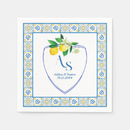 Blue Mediterranean Tiles Italy Wappen Lemon Weddin Serviette