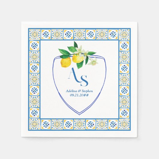 Blue Mediterranean Tiles Italy Wappen Lemon Weddin Serviette (Vorderseite)