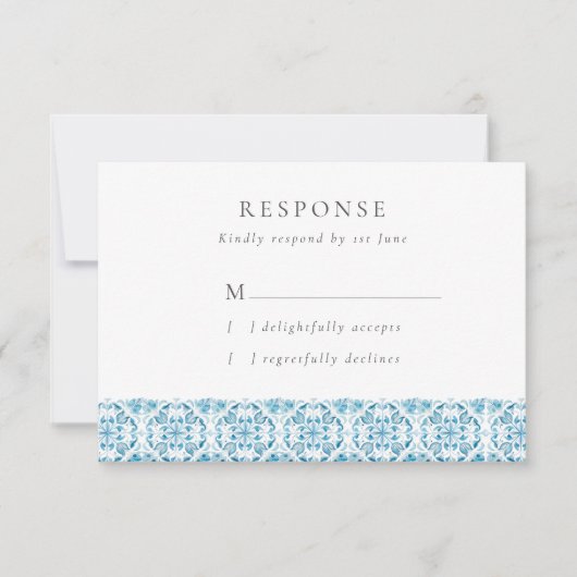 Blue Mediterranean Tiles Wedding RSVP Card Karte (Vorderseite)