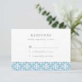 Blue Mediterranean Tiles Wedding RSVP Card Karte (Stehend Vorderseite)