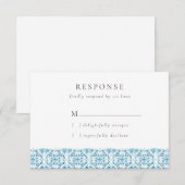 Blue Mediterranean Tiles Wedding RSVP Card Karte (Vorne/Hinten)