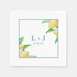 Blue Mediterranean Watercolor Lemon Wedding Serviette