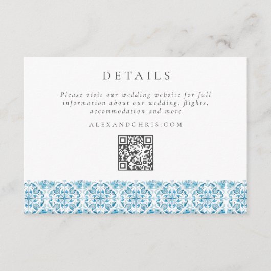 Blue Mediterranean Wedding Details QR Code Begleitkarte (Vorderseite)