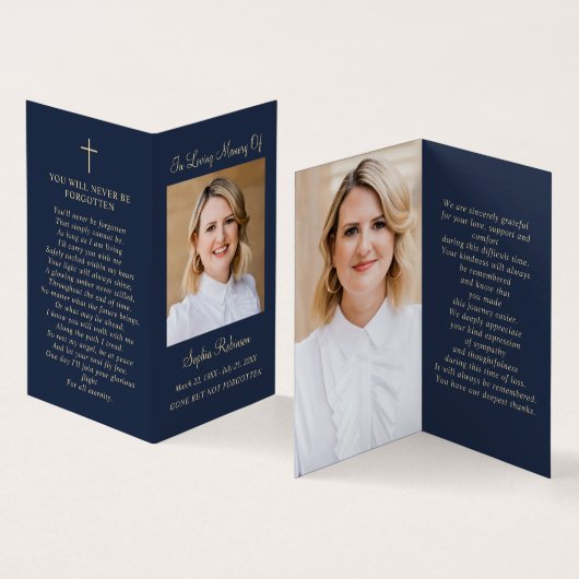 Blue Memorial Folder Card Gold Script 2 Foto (Innenseite und Außenseite)