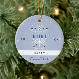 Blue Menorah & Star von David Happy Hanukkah Dated Keramik Ornament