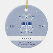 Blue Menorah & Star von David Happy Hanukkah Dated Keramik Ornament (Vorne)