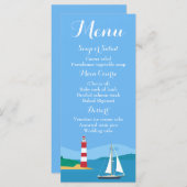 Blue Menu Sailboat & Lighthouse Hochzeit Menükarte (Vorne/Hinten)