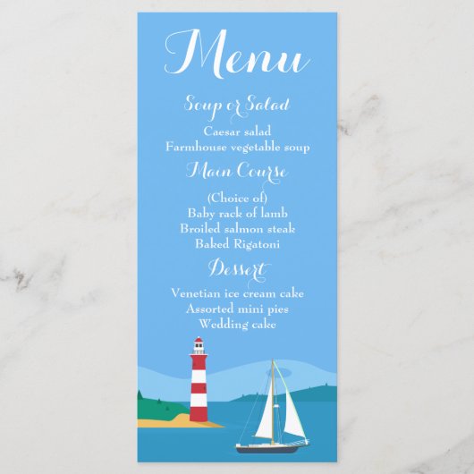 Blue Menu Sailboat & Lighthouse Hochzeit Menükarte (Vorderseite)