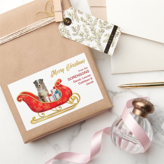 Blue Merle Australian Shepherd Christmas Sleigh Rechteckiger Aufkleber (Schenken)