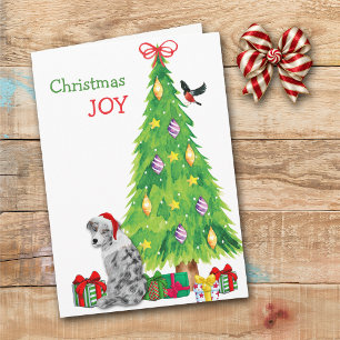 Blue Merle Australian Shepherd und Weihnachtsbaum Feiertagskarte