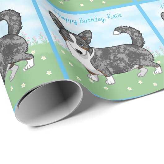 Blue Merle Cardigan Welsh Corgi Blume Geschenkpapier (Rolleneckpunkt)