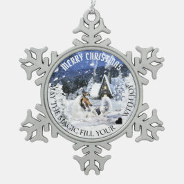 Blue Merle Collie & Lambs in Magic Snowy Night - Schneeflocken Zinn-Ornament