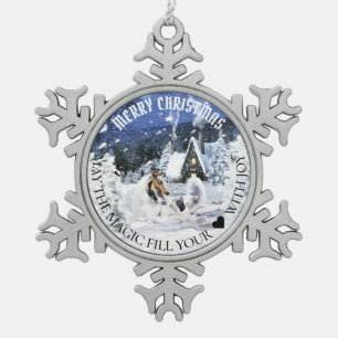 Blue Merle Collie & Lambs in Magic Snowy Night - Schneeflocken Zinn-Ornament