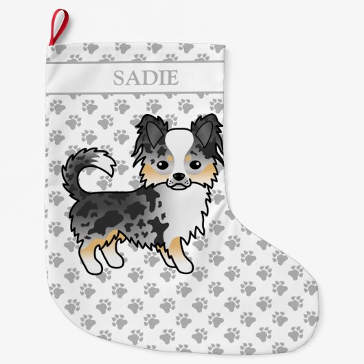 Blue Merle Long Coat Chihuahua Cartoon Dog & Name Großer Weihnachtsstrumpf (Vorderseite)