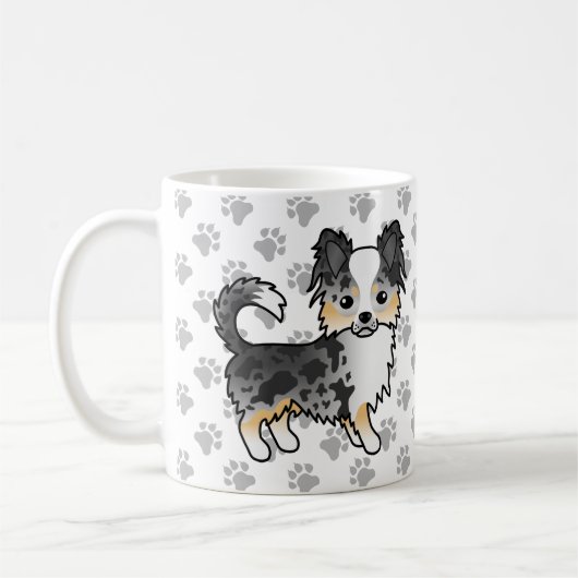 Blue Merle Long Coat Chihuahua Cartoon Dog & Paws Kaffeetasse (Links)