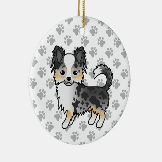 Blue Merle Long Coat Chihuahua Cartoon Dog & Paws Keramik Ornament (Rechts)