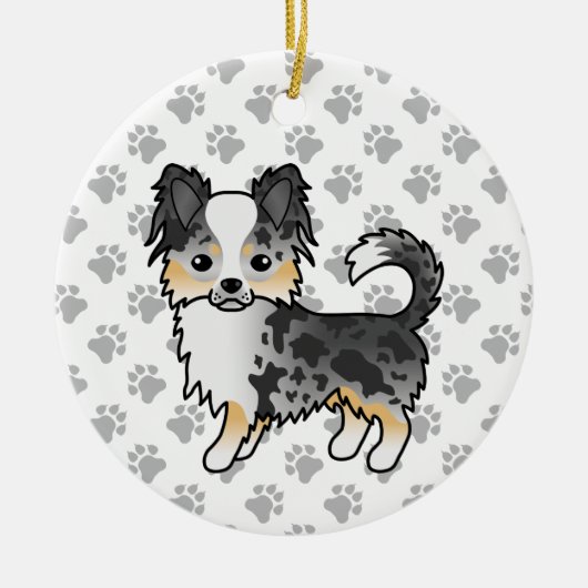 Blue Merle Long Coat Chihuahua Cartoon Dog & Paws Keramik Ornament (Vorne)