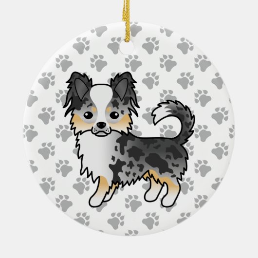 Blue Merle Long Coat Chihuahua Cartoon Dog & Paws Keramik Ornament (Hinten)