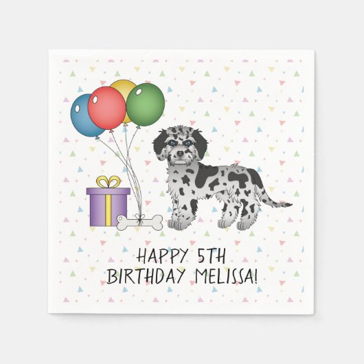 Blue Merle Mini Goldendoodle Cartoon Hund Geburtst Serviette (Vorderseite)