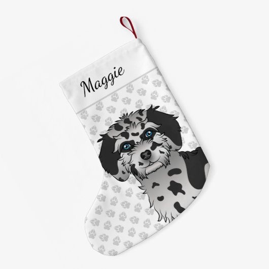 Blue Merle Mini Goldendoodle Dog Head & Name Kleiner Weihnachtsstrumpf (Rückseite (Hängend))