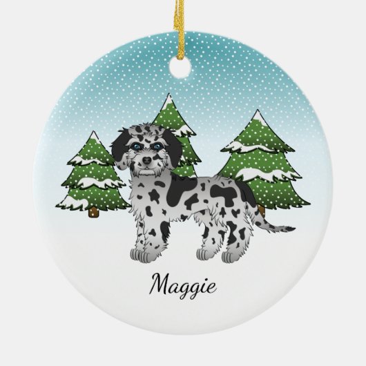 Blue Merle Mini Goldendoodle - Winterwald Keramik Ornament (Hinten)