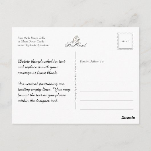 Blue Merle Rough Collie auf der Burg Eilean Donan Postkarte (Rückseite)