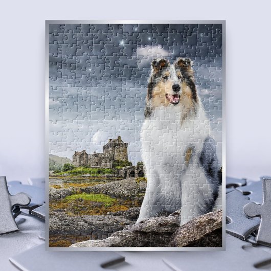 Blue Merle Rough Collie auf der Burg Eilean Donan Puzzle
