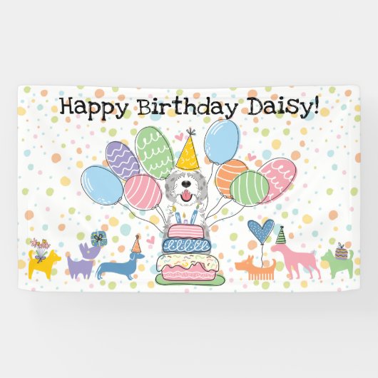 Blue Merle Sheepadoodle Dog Birthday Party Banner (Horizontal)