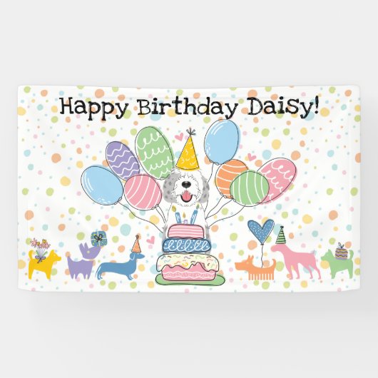 Blue Merle Sheepadoodle Dog Birthday Party Banner (Horizontal)