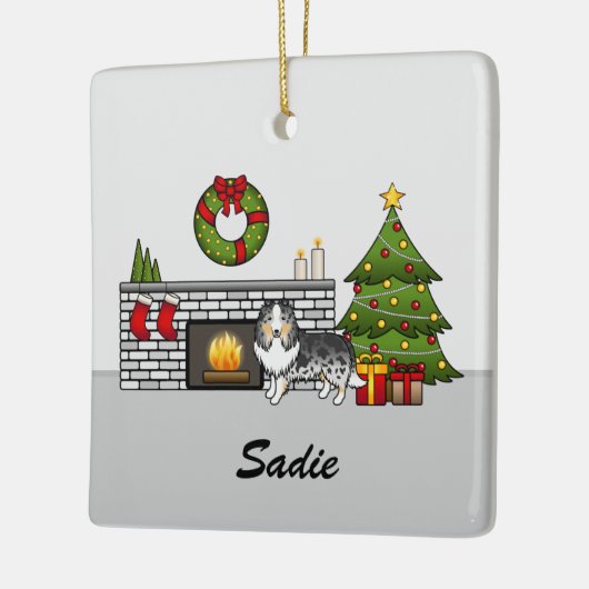 Blue Merle Sheltie Dog in einem Weihnachtszimmer u Keramikornament (Links)