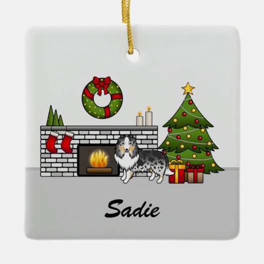 Blue Merle Sheltie Dog in einem Weihnachtszimmer u Keramikornament (Vorderseite)