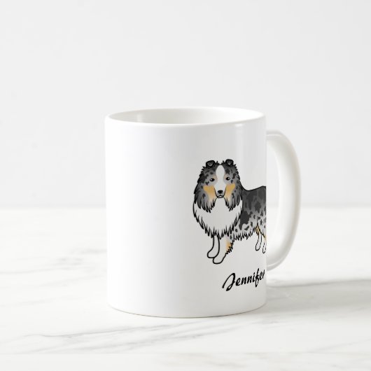 Blue Merle Shetland Sheepdog Cartoon Dog & Name Kaffeetasse (VorderseiteRechts)