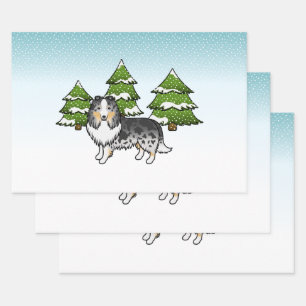 Blue Merle Shetland Sheepdog im Winterwald Geschenkpapier Set