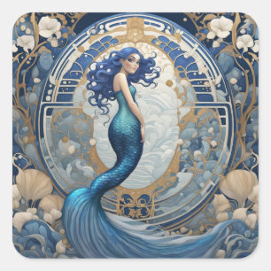 Blue Mermaid Art Nouveau Art Deco Stil Quadratischer Aufkleber