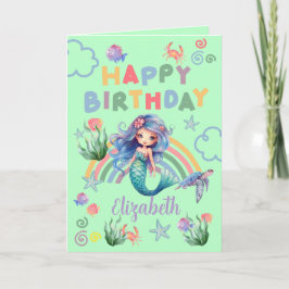 Blue Mermaid Birthday Card in Green Karte