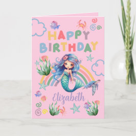 Blue Mermaid Birthday Card in Pink Karte