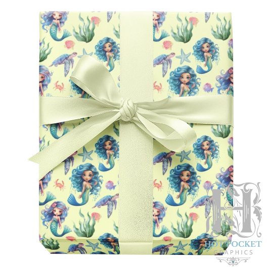 Blue Mermaid Birthday Gift Wrap in Yellow Geschenkpapier