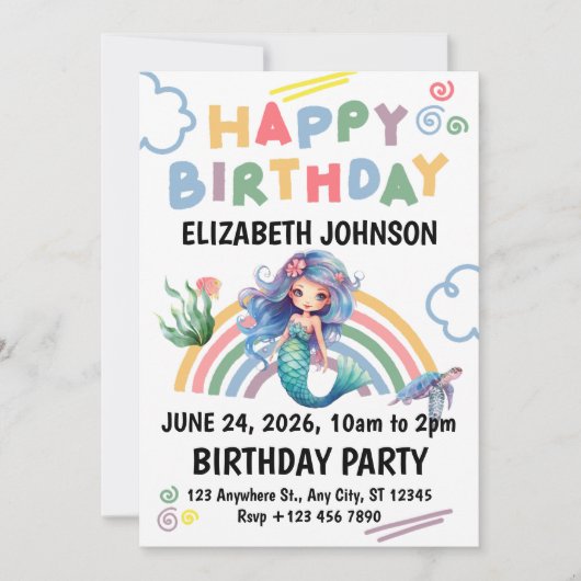 Blue Mermaid Birthday Invitation in White Einladung (Vorderseite)